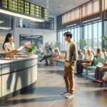 Sala de espera en clínica con paciente y recepcionistas.