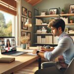 Persona en videollamada trabajando desde casa.