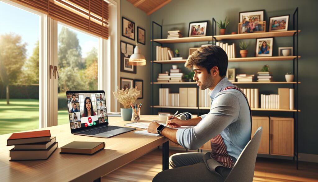 Persona en videollamada trabajando desde casa.