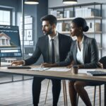 Simulación de préstamo en ordenador, dos personas revisando.