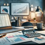 Oficina con computadora portátil, gráficos y calculadora.