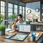 Oficina moderna con trabajadores y plan de vacaciones calculado.