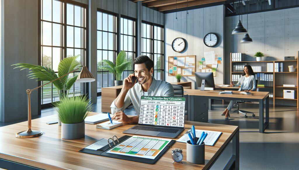 Oficina moderna con trabajadores y plan de vacaciones calculado.