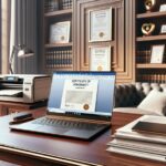 Escritorio elegante con portátil y documentos.