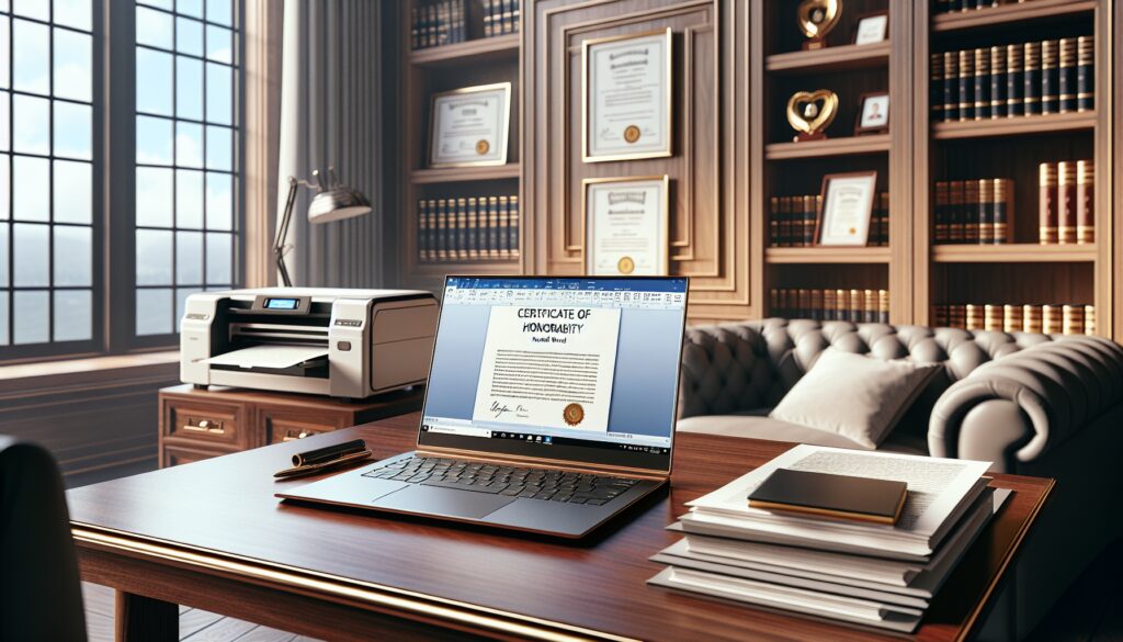 Escritorio elegante con portátil y documentos.