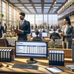 Oficina moderna con empleados trabajando en computadoras.