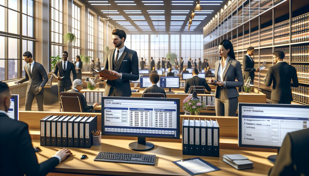Oficina moderna con empleados trabajando en computadoras.