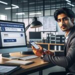 Hombre en oficina usando computadora y móvil para búsqueda.