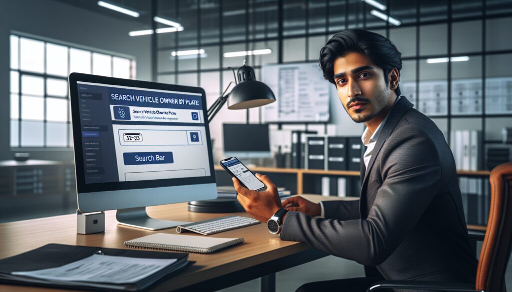 Hombre en oficina usando computadora y móvil para búsqueda.
