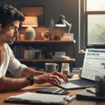 Hombre trabajando en portátil, consultando multas de tráfico.