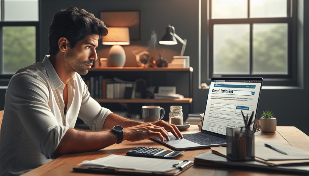 Hombre trabajando en portátil, consultando multas de tráfico.