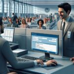 Oficina de inmigración con personas esperando atención.