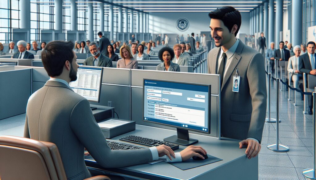 Oficina de inmigración con personas esperando atención.
