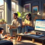 Familia en el salón con ordenador y tableta.