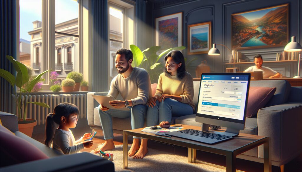 Familia en el salón con ordenador y tableta.