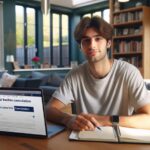 Estudiante consultando resultados electorales en su ordenador portátil.