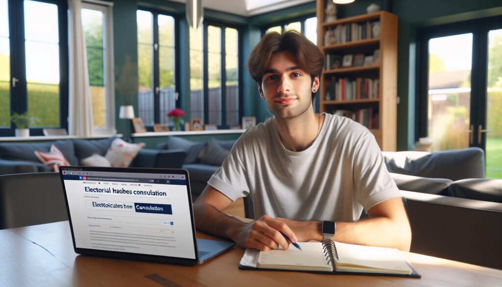 Estudiante consultando resultados electorales en su ordenador portátil.