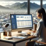 Mujer trabajando frente a computadora con vista a ciudad.