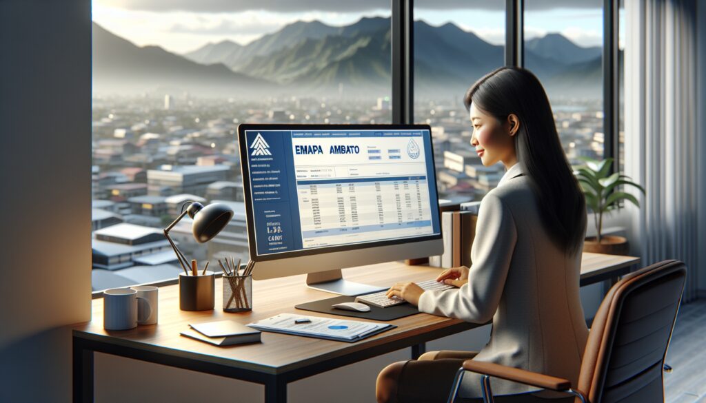 Mujer trabajando frente a computadora con vista a ciudad.