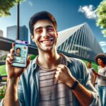 Hombre feliz mostrando su identificación digital fuera.