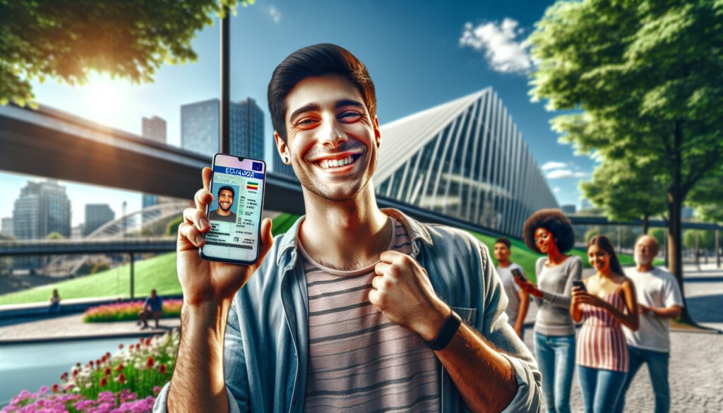 Hombre feliz mostrando su identificación digital fuera.