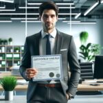 Hombre con traje sosteniendo un certificado en oficina moderna.