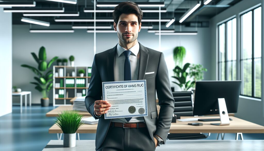 Hombre con traje sosteniendo un certificado en oficina moderna.
