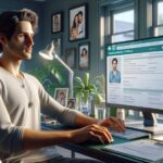 Hombre trabajando en computadora en oficina iluminada.