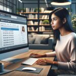 Mujer utilizando ordenador de escritorio en oficina moderna.