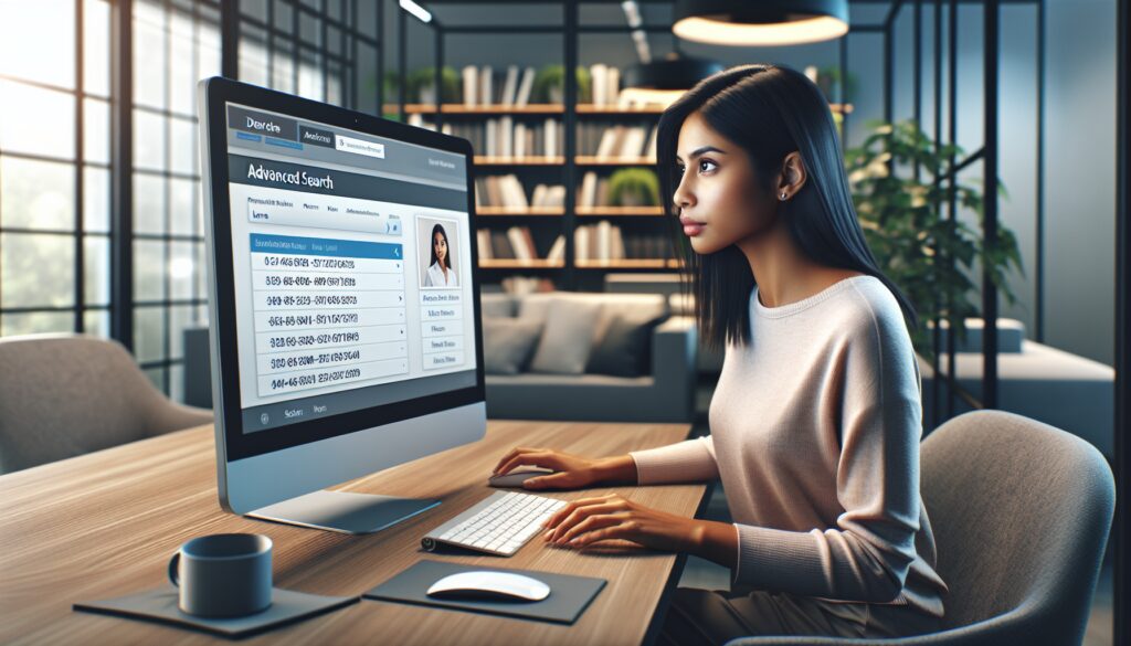 Mujer utilizando ordenador de escritorio en oficina moderna.