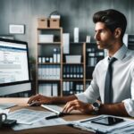 Hombre trabajando en oficina con ordenador y documentos.