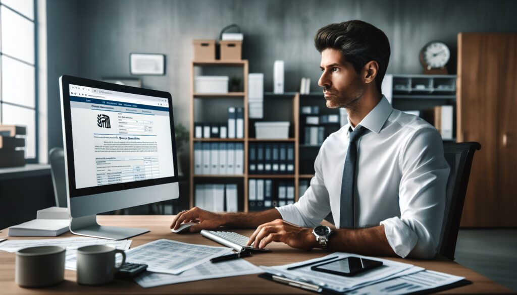 Hombre trabajando en oficina con ordenador y documentos.