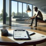 Hombre en sala moderna con móvil y documentos.