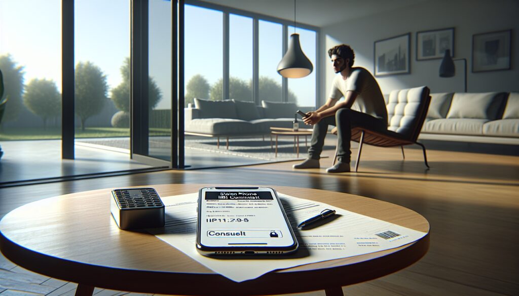 Hombre en sala moderna con móvil y documentos.