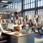 Oficina de registro civil con personas esperando y atendiendo.