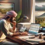 Hombre trabajando en oficina con vista a volcán.