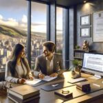 Abogados trabajando en oficina moderna con vista a la ciudad.