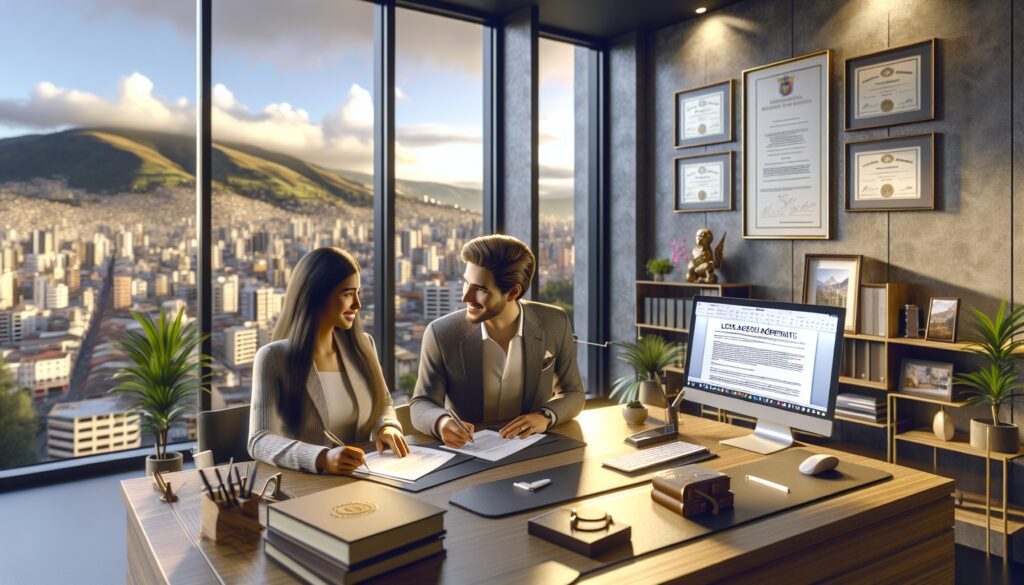 Abogados trabajando en oficina moderna con vista a la ciudad.