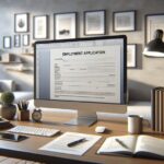 Escritorio con solicitud de empleo en pantalla.