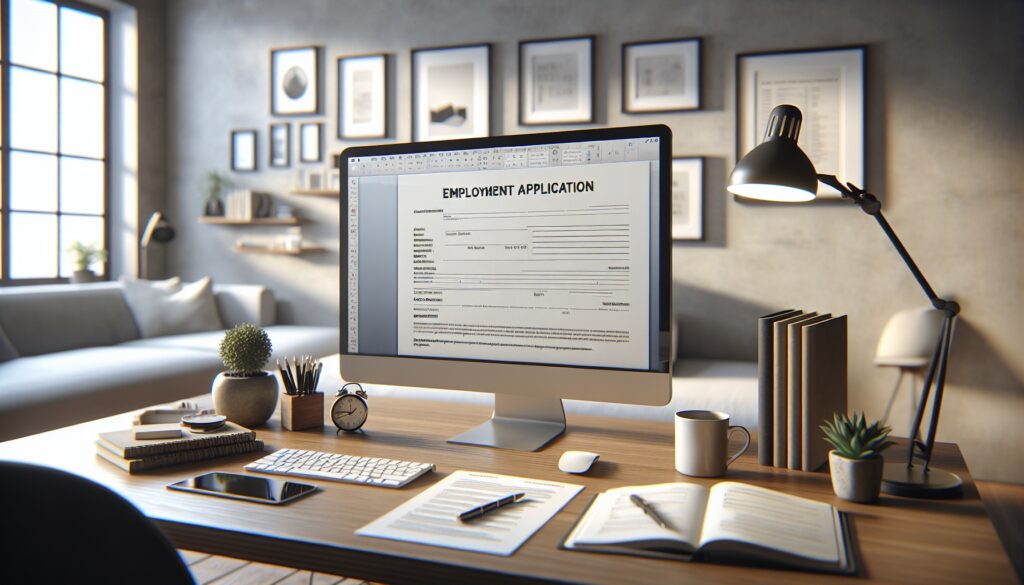 Escritorio con solicitud de empleo en pantalla.