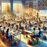 Estudiantes trabajando en una aula moderna y luminosa.