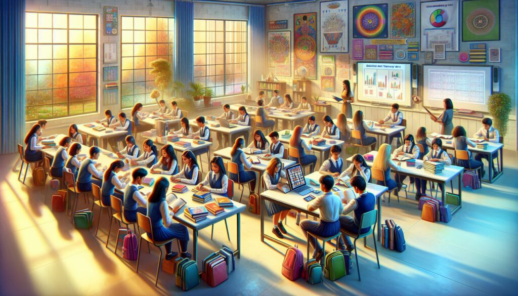 Estudiantes trabajando en una aula moderna y luminosa.