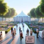 Evento de votación en jardín público, carpa grande central.