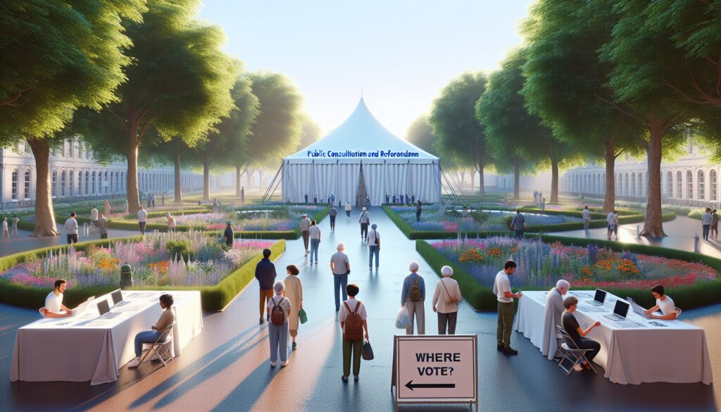 Evento de votación en jardín público, carpa grande central.