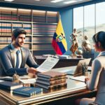 Abogado y cliente en oficina, documentos sobre la mesa.