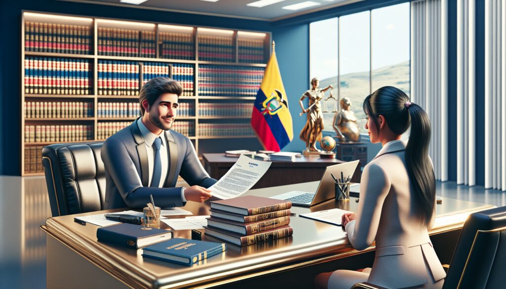 Abogado y cliente en oficina, documentos sobre la mesa.