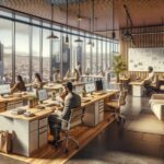 Oficina moderna con empleados trabajando frente a grandes ventanales.