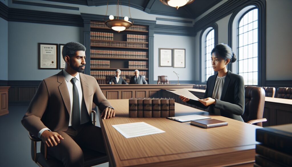 Abogados trabajando en una sala de reuniones un tribunal.