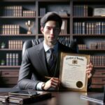 Hombre en oficina con certificado de novedad.