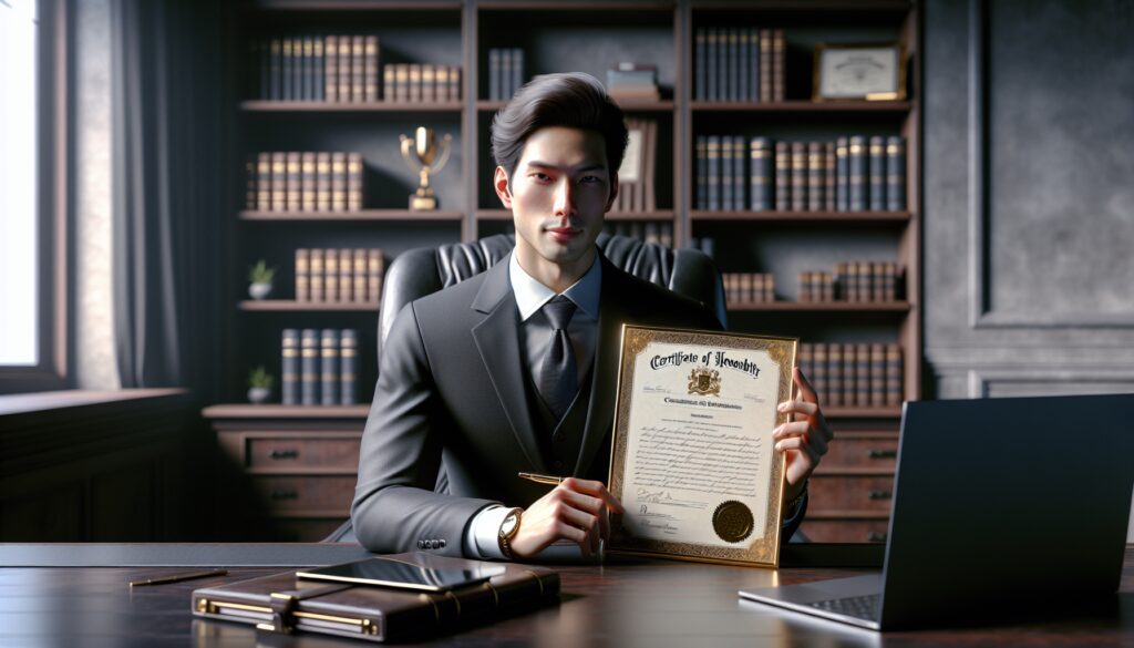 Hombre en oficina con certificado de novedad.